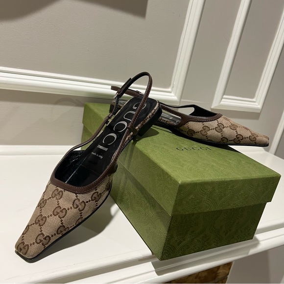 Gucci Shoes - Gucci Beige and Brown Monogram Slingback Flats 37.5